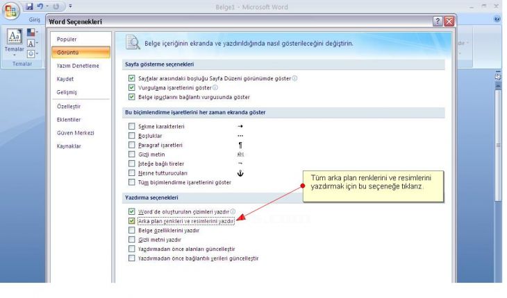 Office 2007 Word Seçenekleripopüler, Görüntü, Yazım Denetleme, Kaydet