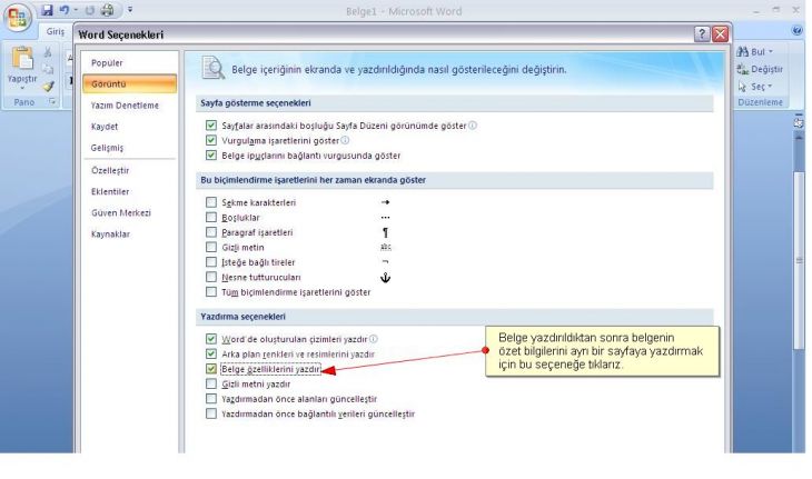 Office 2007 Word Seçenekleripopüler, Görüntü, Yazım Denetleme, Kaydet