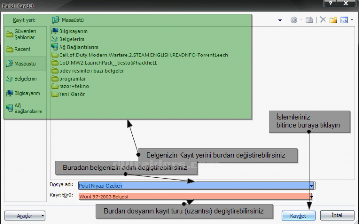 Office 2007 Farklı Kaydet Menüsü