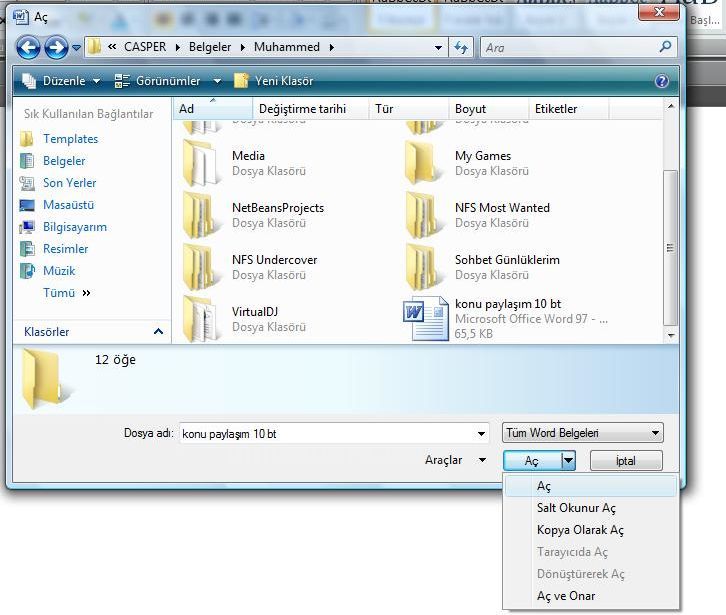 Office 2007 Word Aç Menüsü Seçenekleri
