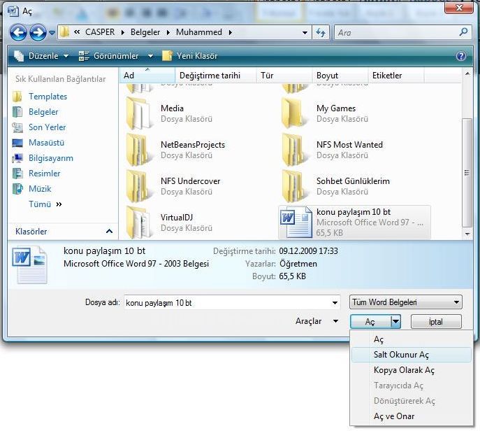 Office 2007 Word Aç Menüsü Seçenekleri