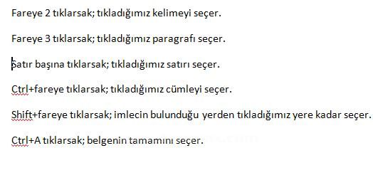 Office 2007 De Seçme İşlemleri,taşıma, Kopyalama, Geri Alma, Yineleme İşlemleri