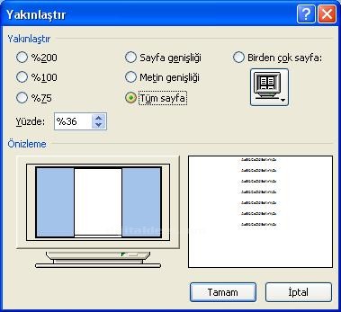 Office 2007 Word Görünüm Menüsü Yakınlaştır Paneli