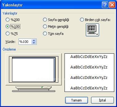 Office 2007 Word Görünüm Menüsü Yakınlaştır Paneli