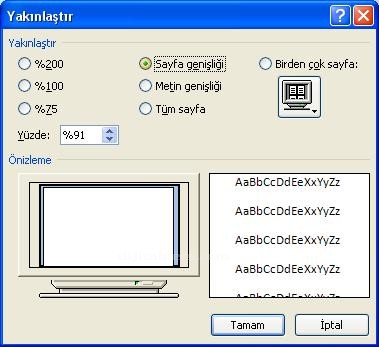 Office 2007 Word Görünüm Menüsü Yakınlaştır Paneli