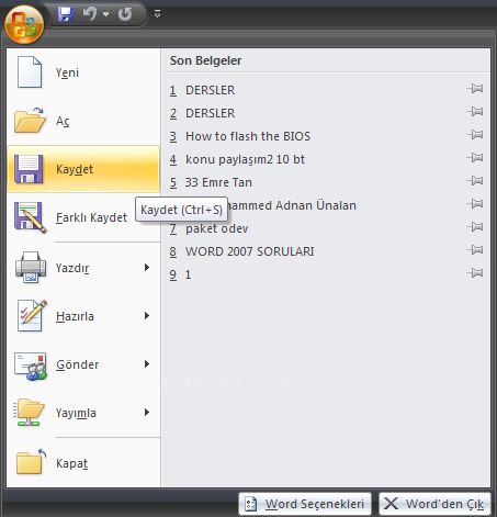 Office 2007 Word Kaydet Menüsü