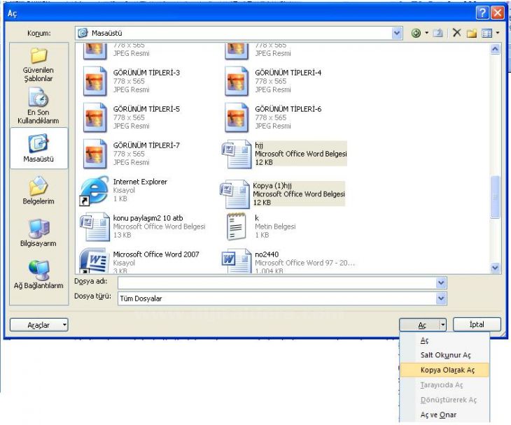 Office 2007 Word Aç Menüsü Seçenekleri