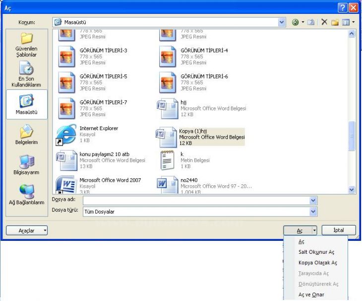 Office 2007 Word Aç Menüsü Seçenekleri