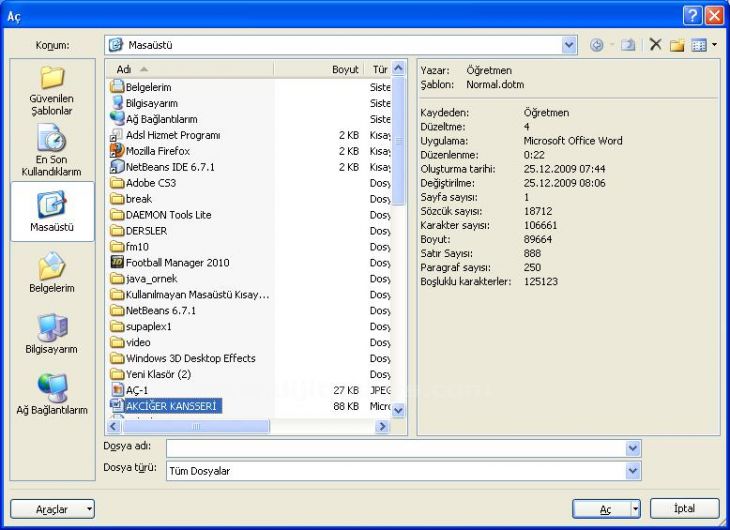 Office 2007 Word Aç Menüsü Seçenekleri