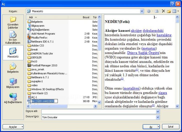 Office 2007 Word Aç Menüsü Seçenekleri
