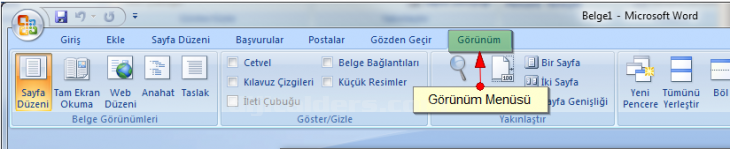 Word 2007 Görünüm Menüsü Yakınlaştır Paneli