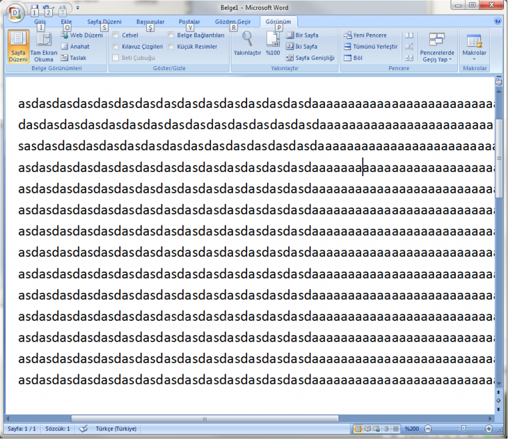 Word 2007 Görünüm Menüsü Yakınlaştır Paneli