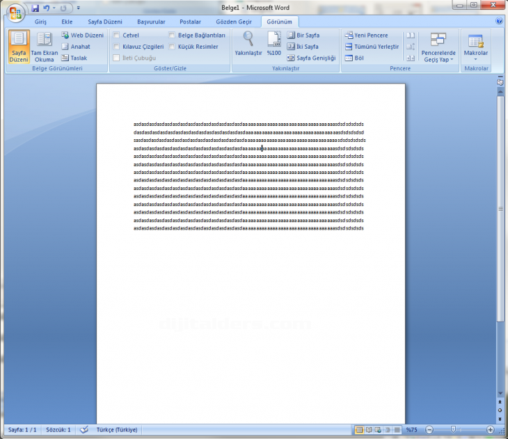 Word 2007 Görünüm Menüsü Yakınlaştır Paneli