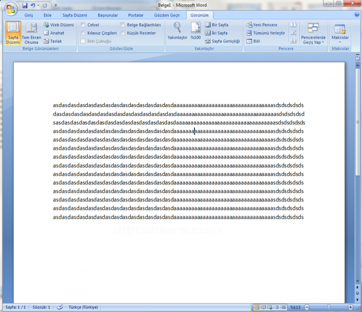 Word 2007 Görünüm Menüsü Yakınlaştır Paneli