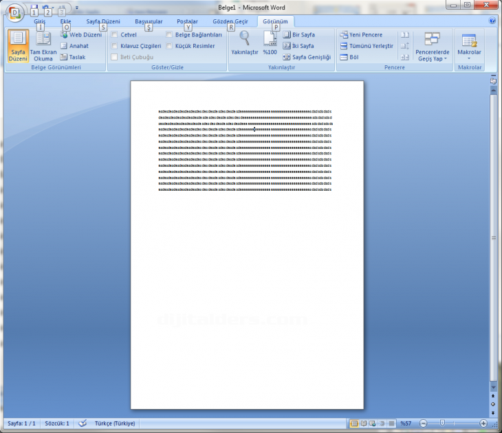 Word 2007 Görünüm Menüsü Yakınlaştır Paneli