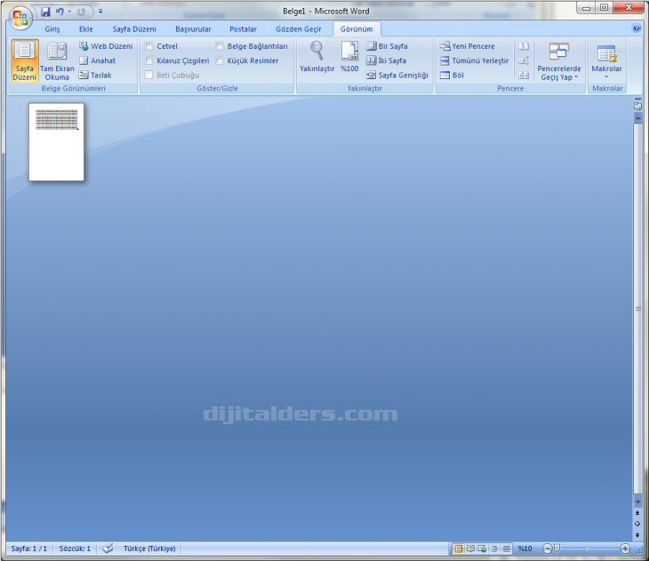 Word 2007 Görünüm Menüsü Yakınlaştır Paneli