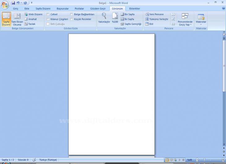 Word 2007 Görünüm Menüsü Yakınlaştır Paneli