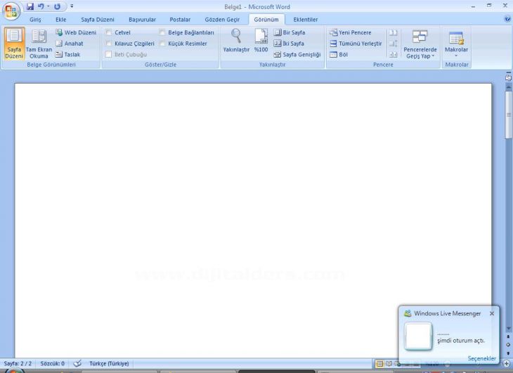 Word 2007 Görünüm Menüsü Yakınlaştır Paneli