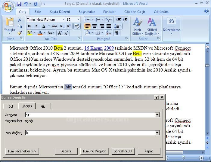 Office 2007 Bul, Değiştir, Git Menüleri Ve Hızlı Git Menüsü