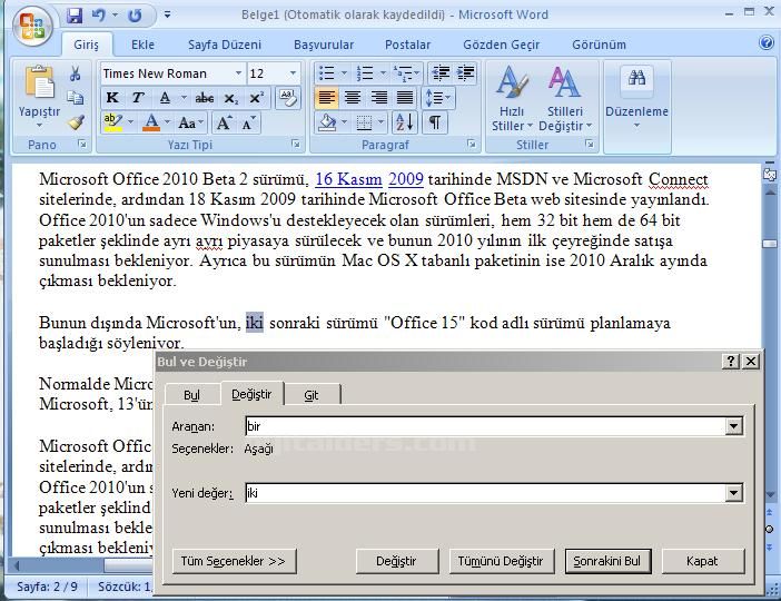 Office 2007 Bul, Değiştir, Git Menüleri Ve Hızlı Git Menüsü