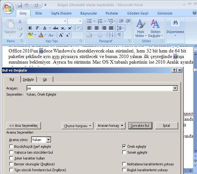 Office 2007 Bul, Değiştir, Git Menüleri Ve Hızlı Git Menüsü