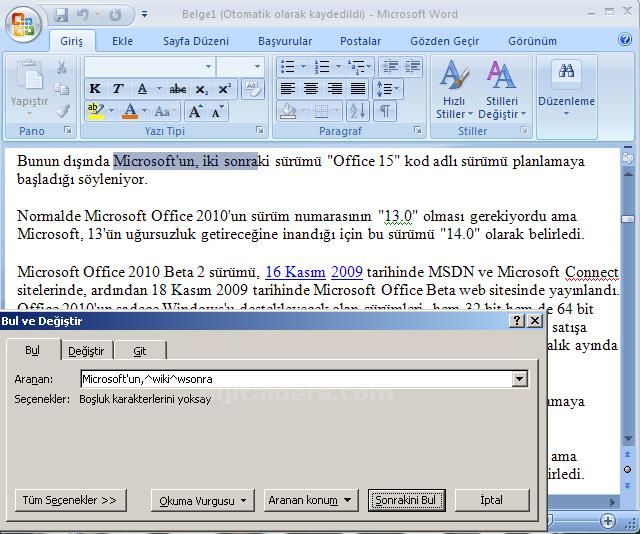 Office 2007 Bul, Değiştir, Git Menüleri Ve Hızlı Git Menüsü