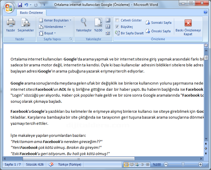 Office 2007 Baskı Önizleme