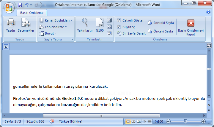 Office 2007 Baskı Önizleme