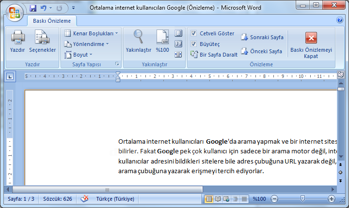 Office 2007 Baskı Önizleme