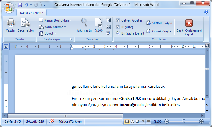 Office 2007 Baskı Önizleme