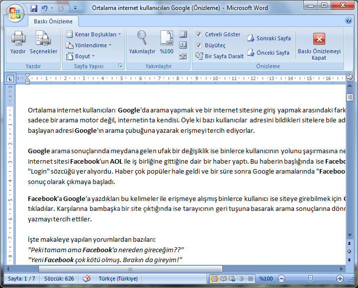 Office 2007 Baskı Önizleme