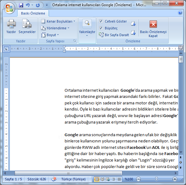 Office 2007 Baskı Önizleme