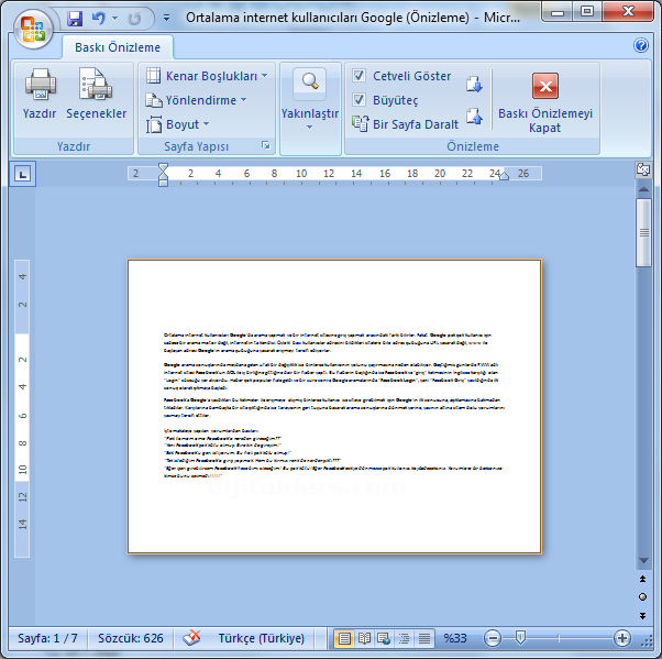Office 2007 Baskı Önizleme