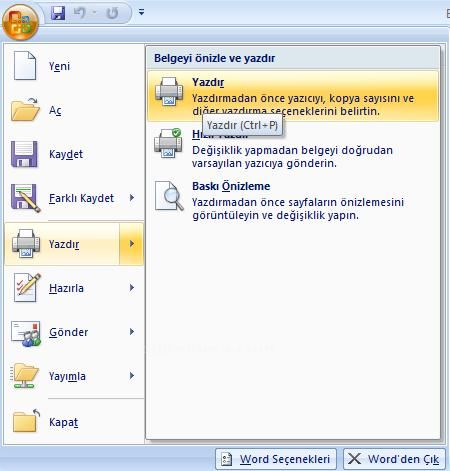 Offiıce 2007 De Yazıcı Secenegi
