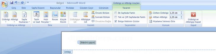 Office 2007 Altbilgi Ve Üstbilgi Kullanımı