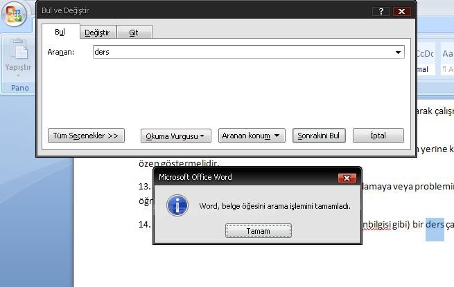 Office 2007 Bul, Değiştir, Git Menüleri ve Hızlı Git Menüsü