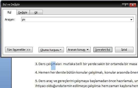 Office 2007 Bul, Değiştir, Git Menüleri ve Hızlı Git Menüsü