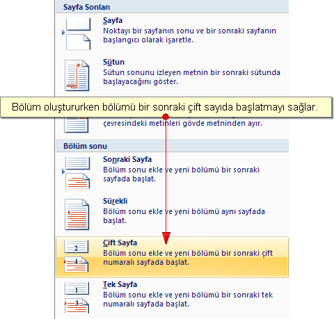 Office 2007 Kesmeler Kesme Oluşturma, Bölüm Sonu Oluşturma