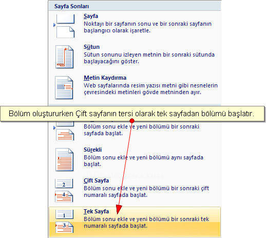 Office 2007 Kesmeler Kesme Oluşturma, Bölüm Sonu Oluşturma