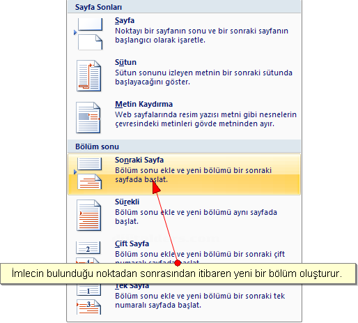 Office 2007 Kesmeler Kesme Oluşturma, Bölüm Sonu Oluşturma