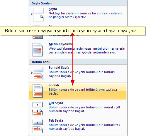 Office 2007 Kesmeler Kesme Oluşturma, Bölüm Sonu Oluşturma