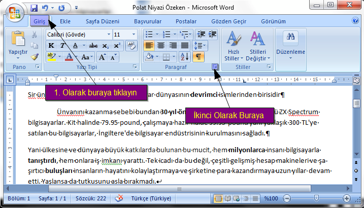 Office 2007 Paragraf Seçenekleri