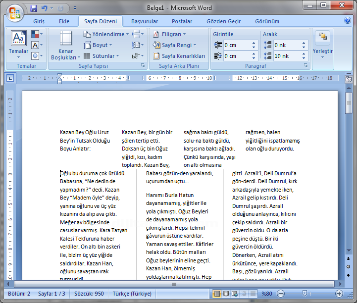 Office 2007 Sütun İşlemleri