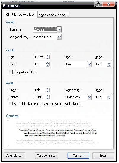 Office 2007 Paragraf Seçenekleri