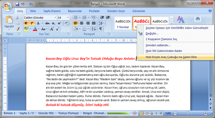 Office 2007 Stil İşlemleri