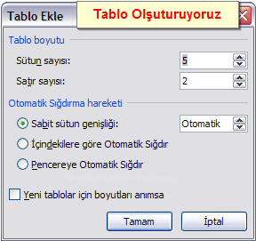 Office 2007 Tablo Özellikleri Penceresi