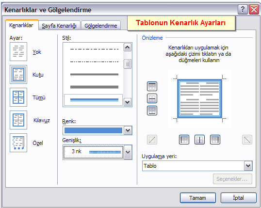 Office 2007 Tablo Özellikleri Penceresi