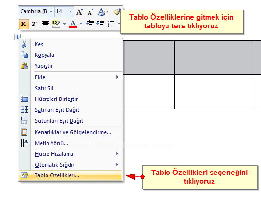 Office 2007 Tablo Özellikleri Penceresi