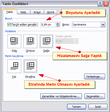 Office 2007 Tablo Özellikleri Penceresi