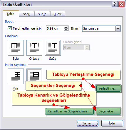 Office 2007 Tablo Özellikleri Penceresi